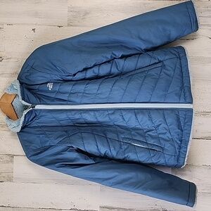 The North Face blue faux fur lined zipup puffer jacket reversible Small FLAWS